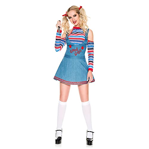 Damen 2 Stück Halloween-Kostüme Gruselige Nightmare Killer Puppe Wanna Play Film Charakter Kleid Chucky Doll Kostüm Set, Kleid, 38 von FeMereina