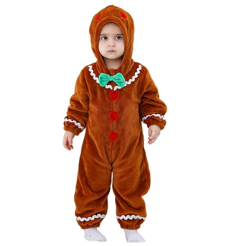 FeMereina Baby Lebkuchenkostüm Junge Mädchen Weihnachten Outfit Lebkuchen Strampler Plüsch Kapuze Overall mit Hut Niedlich Cosplay Outfit (Braun, 12-18 Monate) von FeMereina