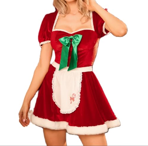 FeMereina Damen Dienstmädchenkostüme Kurzarm Spitzenbesatz Kleid und Schürze Sets für Bar Cosplay Kostüm Frau Weihnachtsmann Kostüm Cosplay Weihnachtskleid (Rot, L) von FeMereina