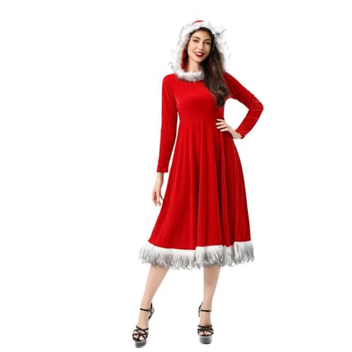 FeMereina Damen Mrs. Claus Kostüm Weihnachten Santa Outfit Cosplay Kleid Lange Ärmel Kapuzen Weihnachten Kapuzenkleid Xmas Cosplay Outfit (Rot, M) von FeMereina