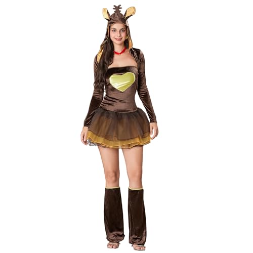 FeMereina Damen Weihnachten Rentier Kostüm Weihnachten Party Elch Cosplay Kostüm Hirsch Kleid Kapuzenumhang mit Beinstulpen (Khaki, Einheitsgröße) von FeMereina