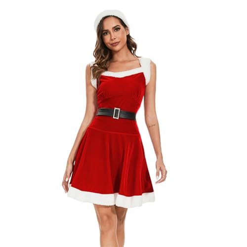 FeMereina Damen Weihnachten Santa Kleid Deluxe Mrs. Claus Kostüm Gürtel Samtkleid Nikolausmütze Set Cosplay Outfits (Rot, L) von FeMereina