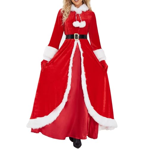 FeMereina Deluxe-Weihnachtsmann-Kostüm für Damen, Samt, mit Kapuze, Cosplay, Outfit mit roten Handschuhen, Rot, Größe S von FeMereina