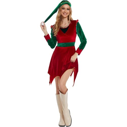 FeMereina Elfenkostüm für Damen, grünes Elfenkostüm, Filme, JovieElf, Weihnachten, Halloween, Erwachsene, Elfenkostüm, Cosplay, Outfits, Rot, Größe L von FeMereina