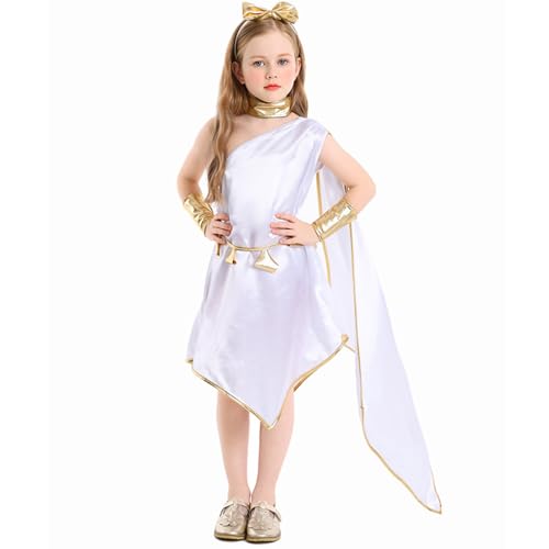 FeMereina Griechisches Kostüm für Kinder, griechische Göttin, Kleid, Mädchen, Toga-Kostüm, griechisches Athena-Kleid, weiß, römische Prinzessinnen-Outfit-Kleid (Weiß, 10–12 Jahre) von FeMereina