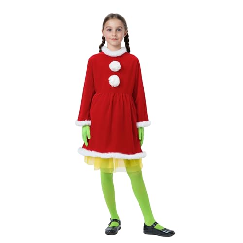 FeMereina Grünes Monster-Kostüm für Mädchen, langärmelig, Kleid, Strümpfe, Handschuhe, Netzrock, Weihnachtsmann-Outfit, grünes pelziges Monster-Outfit (Rot, 10–11 Jahre) von FeMereina