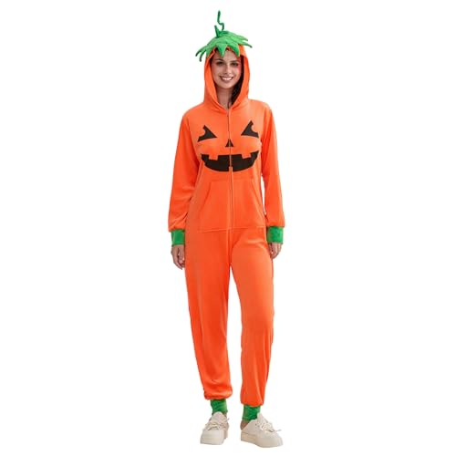 FeMereina Halloween-Kürbis-Kostüm für Erwachsene, Einteiler, Jack-O-Laterne, Halloween-Kostüm, langärmelig, Reißverschluss vorne, Kapuze, Overall mit Taschen (Orange, XXXL) von FeMereina