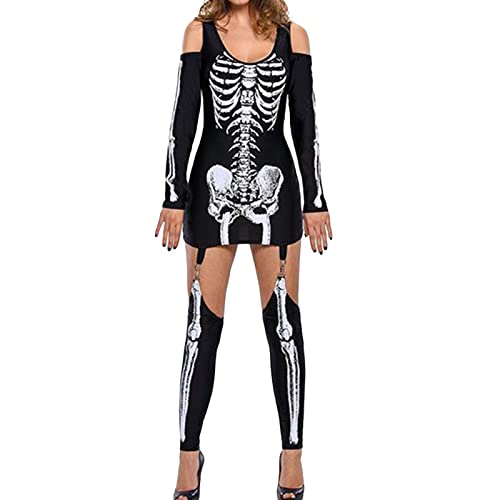 FeMereina Halloween-Skelett-Kleid für Damen, schulterfrei, lange Ärmel, U-Ausschnitt, Totenkopf-Druck, Kostüm, Kleid mit Strümpfen (Schwarz, M) von FeMereina