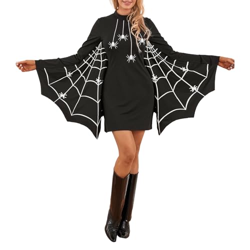 FeMereina Halloween-Spinnenkostüm für Damen, langärmelig, Spinnennetz-Druck, Kleid, Halloween, Cosplay, Party, Poncho-Kostüm mit gewellten Netzflügeln (Schwarz, L) von FeMereina