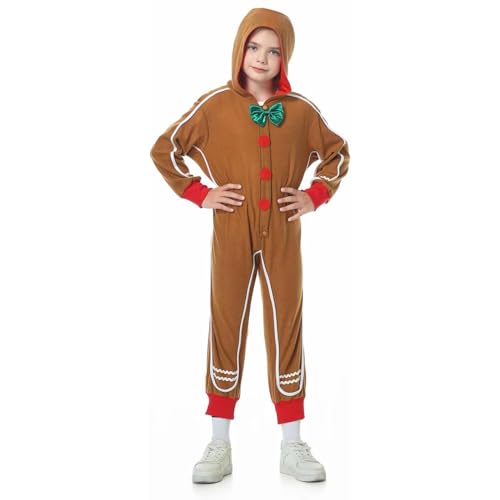 FeMereina Lebkuchenmann-Kostüm für Kinder, Lebkuchen-Outfit, Lebkuchenmann, Bodysuit, mit Kapuze, Uni, Halloween (Orange, 5–6 Jahre) von FeMereina