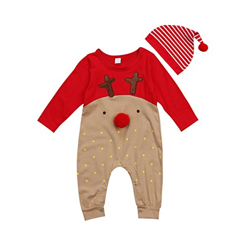 FeMereina My First Christmas Outfit Neugeborenes Baby Mädchen Xmas Rentier Kostüme Langarm Weihnachtsmann Overall Strampler mit Hut Set (Rot, 18-24 Monate) von FeMereina