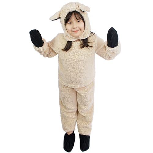 FeMereina Schaf-Kostüm für Kinder, flauschiges Langarm-Sweatshirt + Hose + Hut + Handschuhe + Socken, 5-teiliges Halloween-Weihnachtsoutfit (Aprikosen-Schaf, 6–7 Jahre) von FeMereina