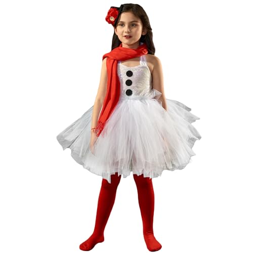 FeMereina Schneemann-Kostüm für Kinder, Neckholder, Tüll, Prinzessinnenkleid + Oberschenkelhohe Socken, Handschuhe + Kopfbedeckung, 4-teiliges Weihnachtsoutfit (weiß, 6–7 Jahre) von FeMereina