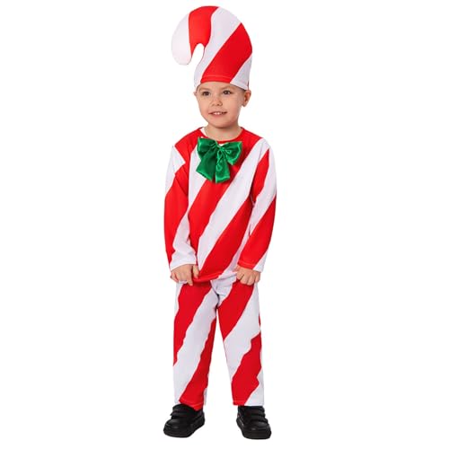 FeMereina Süßigkeitenstangen-Kostüm für Kinder, langärmelig, Cosplay, Tops, Hosen, Mützen, Sets, Weihnachten, Urlaub, Zuckerstangen-Kostüm (Rot, L) von FeMereina