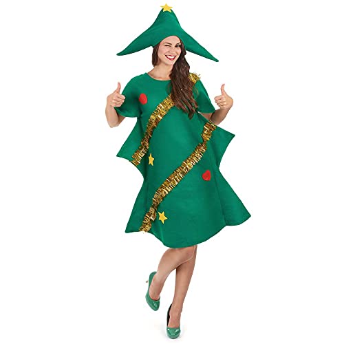 FeMereina Weihnachtsbaum-Kostüm für Kinder, ärmelloses Kleid + Mütze, lustiges Weihnachtsoutfit mit Fellball, Dekoration, Festival-Kleidung (Grün, Erwachsene, M) von FeMereina