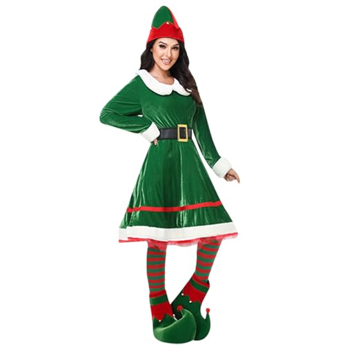 FeMereina Weihnachtselfen-Kostüm-Set für Damen, Kinder, Erwachsene, Elfen-Kostüm, Anzug, Samtkleid, Weihnachtsmann-Helfer-Kostüm, Weihnachtsoutfit mit Gürtel (2 Stück, grün, S) von FeMereina