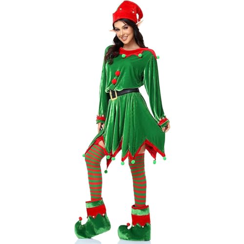 FeMereina Weihnachtselfen-Kostüm-Set für Damen, Samtkleid, Weihnachtsmann-Helfer-Kostüm, Elfenmütze, Schuhe, Ohren, Gürtel, Socken (grün, 11–12 Jahre) von FeMereina