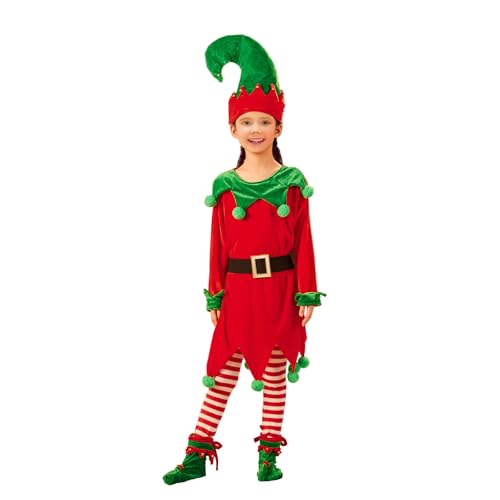 FeMereina Weihnachtselfenkostüm für Mädchen, Kleid mit Elfenhut, Schuhen, Gürtel, gestreifte Strümpfe, Weihnachtsmann-Helfer-Kostüm, Baby-Elfenkleid, Outfit (Rot, 10-11 Jahre) von FeMereina