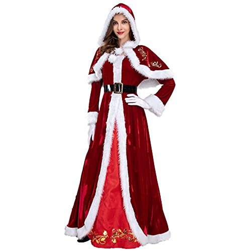 Weihnachtskostüme Umhang Mrs. Claus Santa Xmas Samt Kapuzenumhang Robe Deluxe Länge Kleid mit Santa Hut Gürtel, rot, Medium von FeMereina