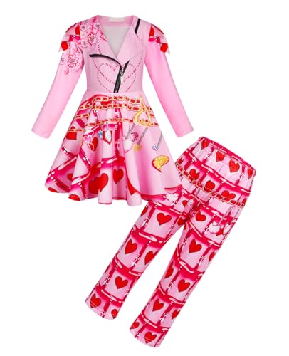 Febbabe Descendants 4 Bridget Rosa Kostüm Mädchen Reißverschluss Langarm Kleider Hosen Verkleidung Halloween Weihnachten Party Cosplay Outfit Geschenk 3–4 Jahre von Febbabe