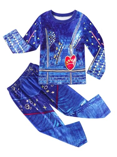 Febbabe Descendants Evie Kostüm für Mädchen, langärmeliges Oberteil mit Hose, Outfit, Prinzessinnen-Party, Verkleidung, Kinder, Halloween, Rollenspiel-Kostüme, Blau, 3–4 Jahre von Febbabe