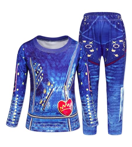 Febbabe Fancy Dress Up Langarm-Tops + Hose, Set Descendants Evie, Halloween, Cosplay, Kostüm für Mädchen, Kinder, Geschenk, Blau, 4–5 Jahre von Febbabe