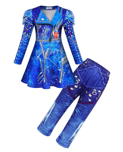 Febbabe Kostüm-Set mit Reißverschluss, langärmelig, mit Hose, Nachkommen Evie, Halloween, Cosplay, für Mädchen, Kinder, Geschenk, Blau, 4–5 Jahre von Febbabe