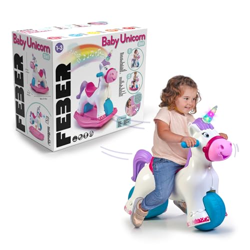 FEBER Baby Einhorn Lauflernhilfe in Einhornform, 2-in-1 Lauflernhilfe und Wippe, mit Wieh- und Trompeten-Sound, entwickelt psychomotorische Fähigkeiten, Kinder ab 3 Jahren, berühmt (FED35000) von Feber