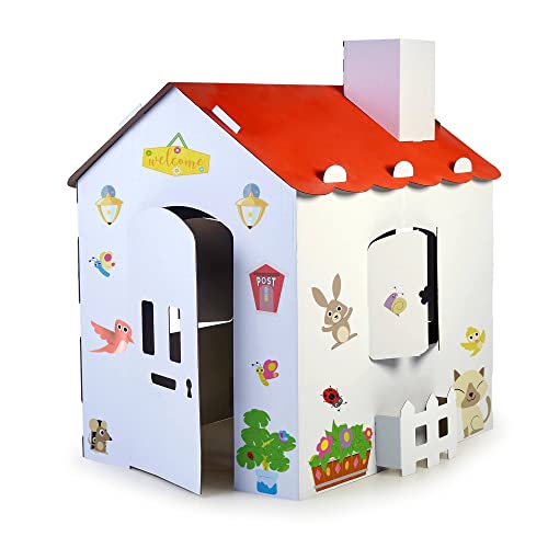 FEBER - Carton House, großes Spielhaus aus Karton für Kinder, zum Bemalen, Ausmalen und Spielen, mit lustigen Aufklebern, Ökohaus, für Jungen und Mädchen ab 3 Jahren, Famosa (FEB06000) von Feber