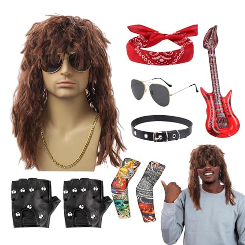 Fecfucy 80er Jahre Rocker-Kostüm für Herren, Rocker-Kostüm für Herren | Halloween 80er Jahre Rockerstar Kostümset,9-teiliges Herren-Rocker-Heavy-Metal-Kostüm 70er-80er-Jahre-Rocker-Perücken von Fecfucy