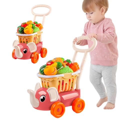 Fecfucy Kinder-Einkaufswagen-Spielset, Spielzeug-Einkaufswagen für Lebensmittel | Küchenspielwagen-Spielset für Kinder,Trolley-Elefant-Form, interaktives Spielset, 16-teilig, zum Spielen von von Fecfucy