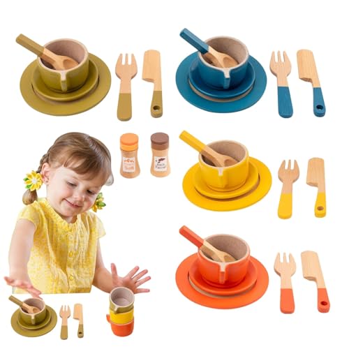 Fecfucy Kinder-Teeservice für Mädchen,Teeparty-Set für kleine Mädchen, Fake Play Food Tea Time Spielzeug, Lernspielzeug aus Holz, Spielteeservice, Teeparty-Set mit Tassen und Tellern, von Fecfucy