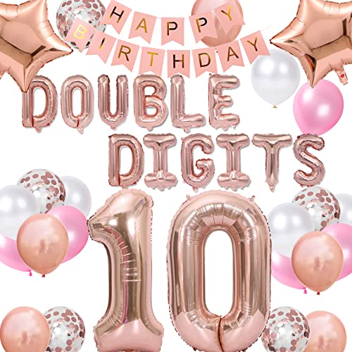 10 Geburtstag Dekorationen für Mädchen Roségold, zweistellig 10 Geburtstag Ballon Happy 10th Birthday Banner mit Rose Gold Stern Folienballons Konfetti Ballons für 10 Jahre alt Geburtstag Mädchen von Fechy