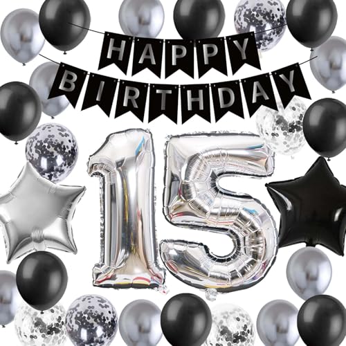 15.Geburtstag Dekoration, 15 Jahre alt Junge Geburtstag Mädchen Ballon Deko, Silber Schwarz Luftballon 15 Geburtstag Party Deko für Ihn Sohn 15 Jahre Alt Geburtstag Zweistellig 15 Geburtstag (15.) von Fechy