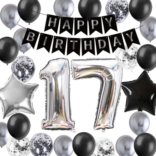 17.Geburtstag Dekoration, 17 Jahre alt Junge Geburtstag Mädchen Ballon Deko, Silber Schwarz Luftballon 17 Geburtstag Party Deko für Ihn Sohn 17 Jahre Alt Geburtstag Zweistellig 17Geburtstag (17.) von Fechy