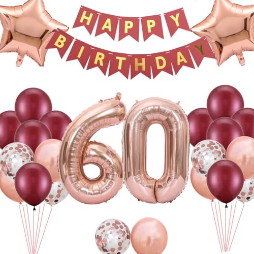 60 Geburtstag Dekoration Frau, Luftballons 60 Geburtstagsdeko Frau, Weinrot Deko 60 Happy Birthday Banner Rosegold 60. Luftballons Konfetti Ballon Geburtstag Frauen(60.) von Fechy