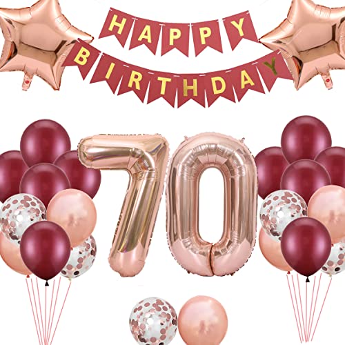 70. Geburtstags Dekorationen Weinrot für Frauen, Happy Birthday Banner Nummer 70 Geburtstags Ballons Stern Folienballons Roségold Rot Konfetti Ballons für ihre Mutter 70 Jahre alt Geburtstag von Fechy