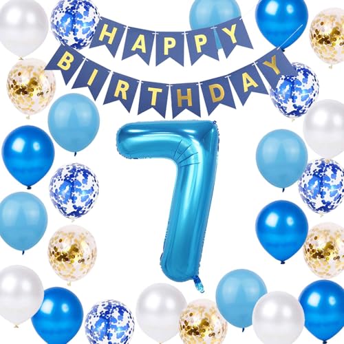 Geburtstagsdeko 7 Jahre Luftballon Blau Gold, 7 Folienballons Alles Gute zum Geburtstag Banner für Jungen 7 Jahre alt Geburtstag Party Supplies Mädchen Blau Themed 7. Geburtstag Party-Deko(7.) von Fechy