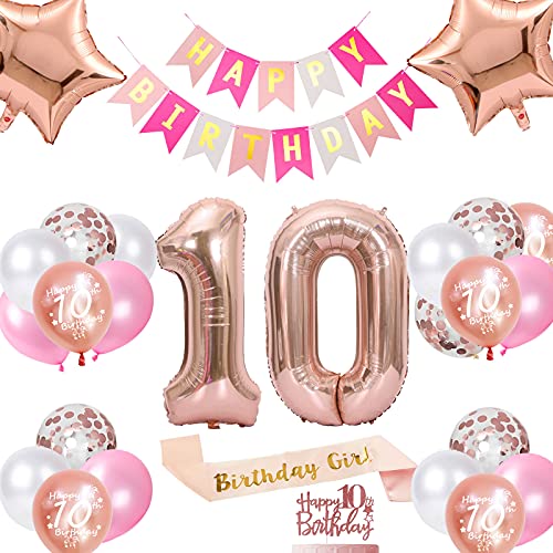 Luftballon 10. Geburtstag Rosegold für Mädchen, Happy Birthday Banner Ballons Zahl 10 Luftballons Rosa Schärpe 'Birthday Girl' 10. Geburtstagstorte Topper Luftballons 10 Jahr Deko Mädchen Tochter von Fechy