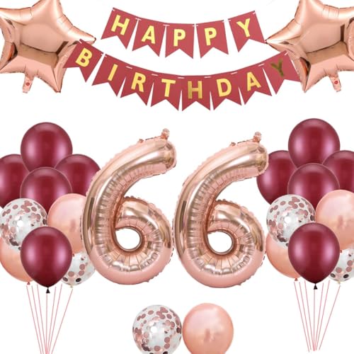 Luftballons 66 Geburtstag Deko Frau Weinrot, 66. Geburtstag Dekoration Frau,Folienballon 66 Birthday Banner Rosegold Konfetti Ballon für 66 Jahre Geburtstag Frauen(66.) von Fechy