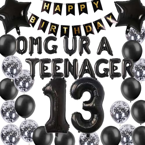 Offizielle Teenager 13 Geburtstag Dekorationen Schwarz für Jungen, OMG UR A Teenager Luftballons Schwarz Nummer 13 Geburtstag Stern Folienballons Konfetti Ballons für Jungen 13 Jahre Alt von Fechy