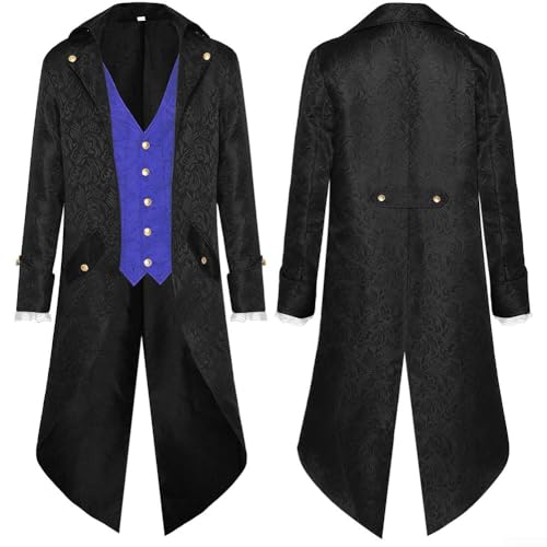 Herren Mittelalter Steampunk Jacke Gothic Frack Mantel,Bestickte Viktorianische Renaissance Retro Mantel, Halloween Piraten Vampir Cosplay Kostüme für Männer(2XL Blau) von Feegow