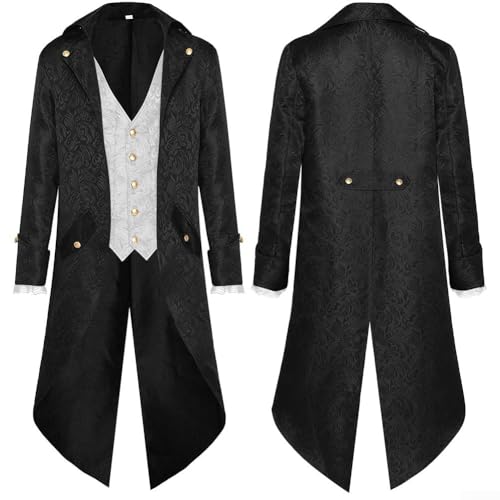 Herren Mittelalter Steampunk Jacke Gothic Frack Mantel,Bestickte Viktorianische Renaissance Retro Mantel, Halloween Piraten Vampir Cosplay Kostüme für Männer(2XL Weiß) von Feegow