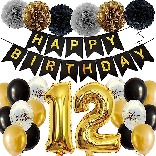 Feelairy Ballons 12. Geburtstag Deko Mädchen, Schwarz Gold Geburtstagsdeko 12 Jahre Junge, Happy Birthday Deko Konfetti Luftballons Deko 12 Geburtstag Mädchen Junge 12 Geburtstag Deko Kinder von Feelairy