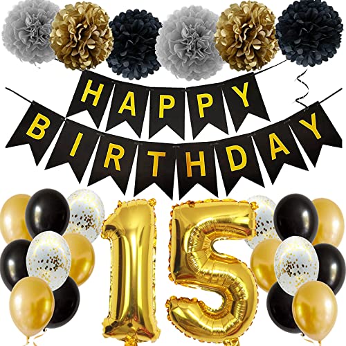 Feelairy Ballons 15. Geburtstag Deko Mädchen, Schwarz Gold Geburtstagsdeko 15 Jahre Junge, Happy Birthday Deko Konfetti Luftballons Deko 15 Geburtstag Mädchen Junge 15 Geburtstag Deko Kinder von Feelairy