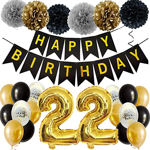 Feelairy Ballons 22. Geburtstag Deko Mädchen, Schwarz Gold Geburtstagsdeko 22 Jahre Junge, Happy Birthday Deko Konfetti Luftballons Deko 22 Geburtstag Mädchen Junge 22 Geburtstag Deko Kinder von Feelairy