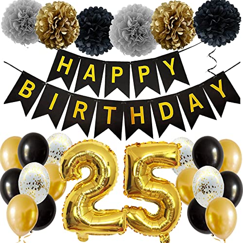 Feelairy Ballons 25. Geburtstag Deko Männer Frauen, Schwarz Gold Geburtstagsdeko 25 Jahre Mann Frau, Happy Birthday Deko Konfetti Luftballons Deko 25 Geburtstag Mann 25 Geburtstag Deko Frauen von Feelairy