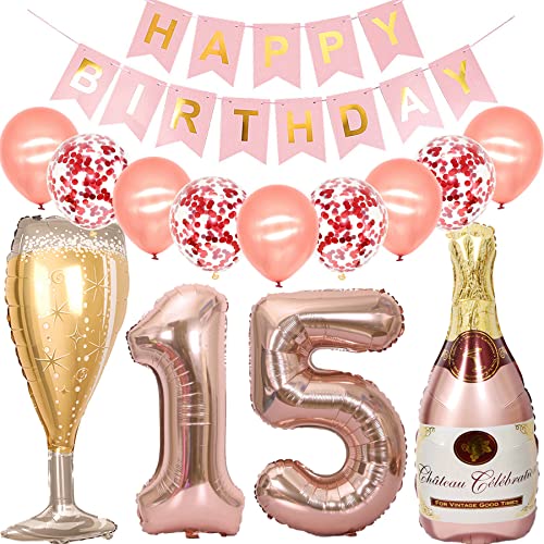 Feelairy Luftballon 15. Geburtstag Deko Mädchen, Rosegold Folienballon Weinflasche Sektflasche Helium Ballon Champagner Flasche, Girlande Happy Birthday Deko für Geburtstagsdeko 15 Jahre Mädchen von Feelairy