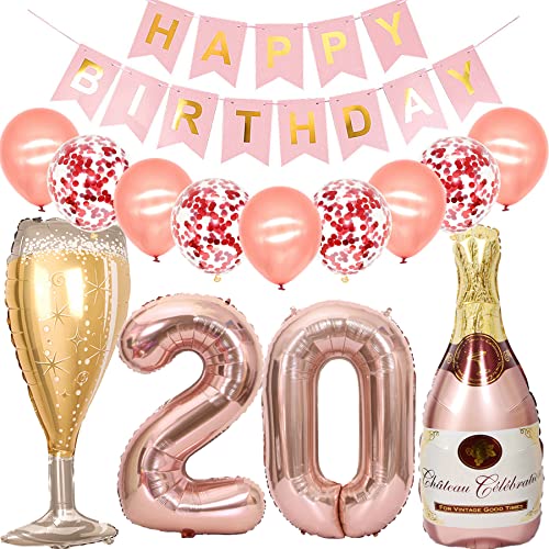 Feelairy Luftballon 20. Geburtstag Deko Frau, Rosegold Folienballon Weinflasche Sektflasche Helium Ballon Champagner Flasche, Girlande Happy Birthday Deko für Geburtstagsdeko 20 Jahre Frauen von Feelairy