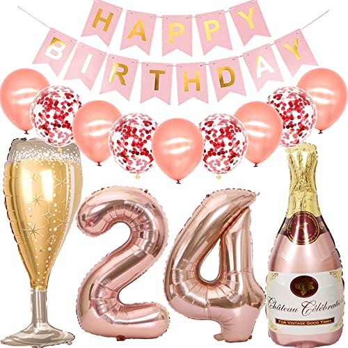 Feelairy Luftballon 24. Geburtstag Deko Frau, Rosegold Folienballon Weinflasche Sektflasche Helium Ballon Champagner Flasche, Girlande Happy Birthday Deko für Geburtstagsdeko 24 Jahre Frauen von Feelairy